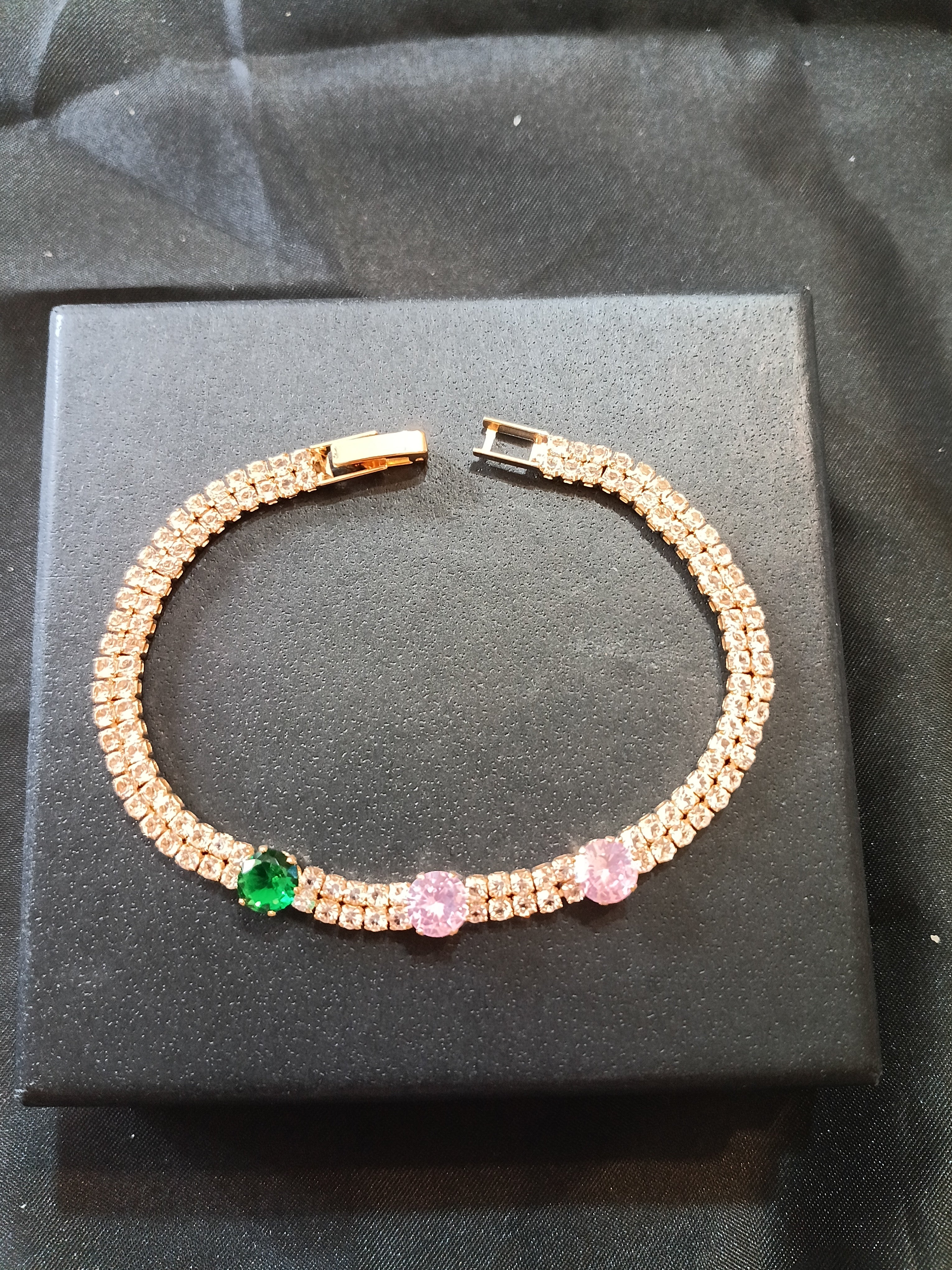 Bracciale Tennis Doppia Fila - Zirconi Verde e Rosa Oro