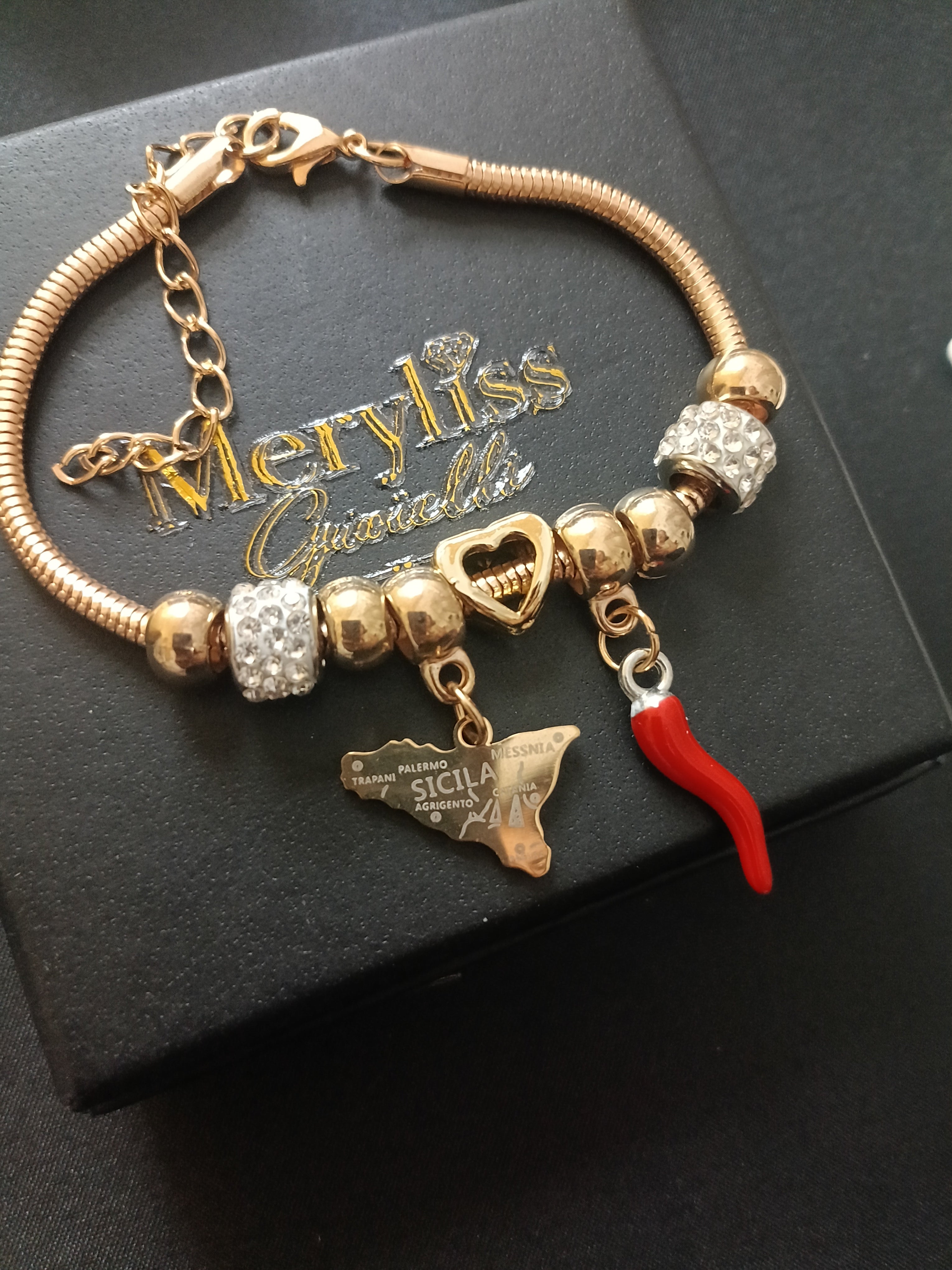 Bracciale Charm Sicilia — Cuore, Cornetto e Mappa | Acciaio Inossidabile