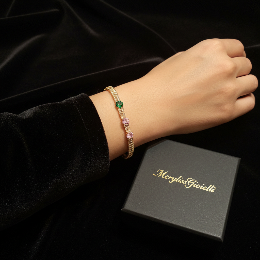 Bracciale Tennis Oro - Zirconi Verde e Rosa