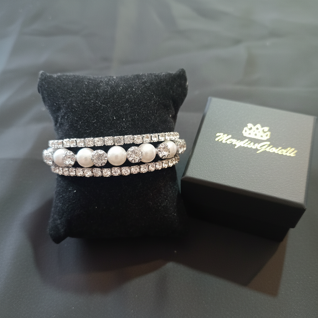 Bracciale Tennis Tre Giri Perle e Zirconi - Argento