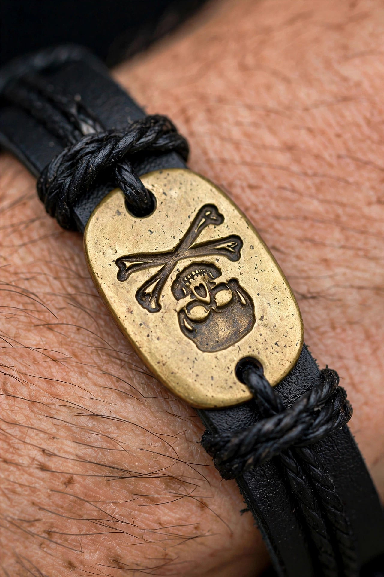 Bracciale Uomo Skull — dettaglio placca ottone macro