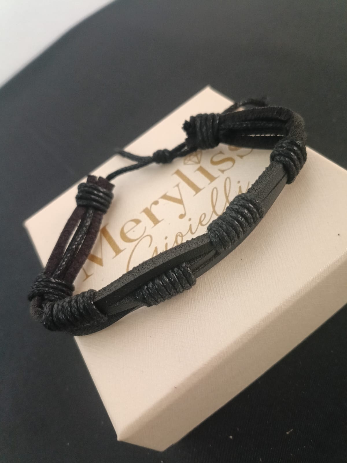 Bracciale Uomo Cuoio Nero Multifilo Avvolgimenti Spirale — su scatola Meryliss Gioielli