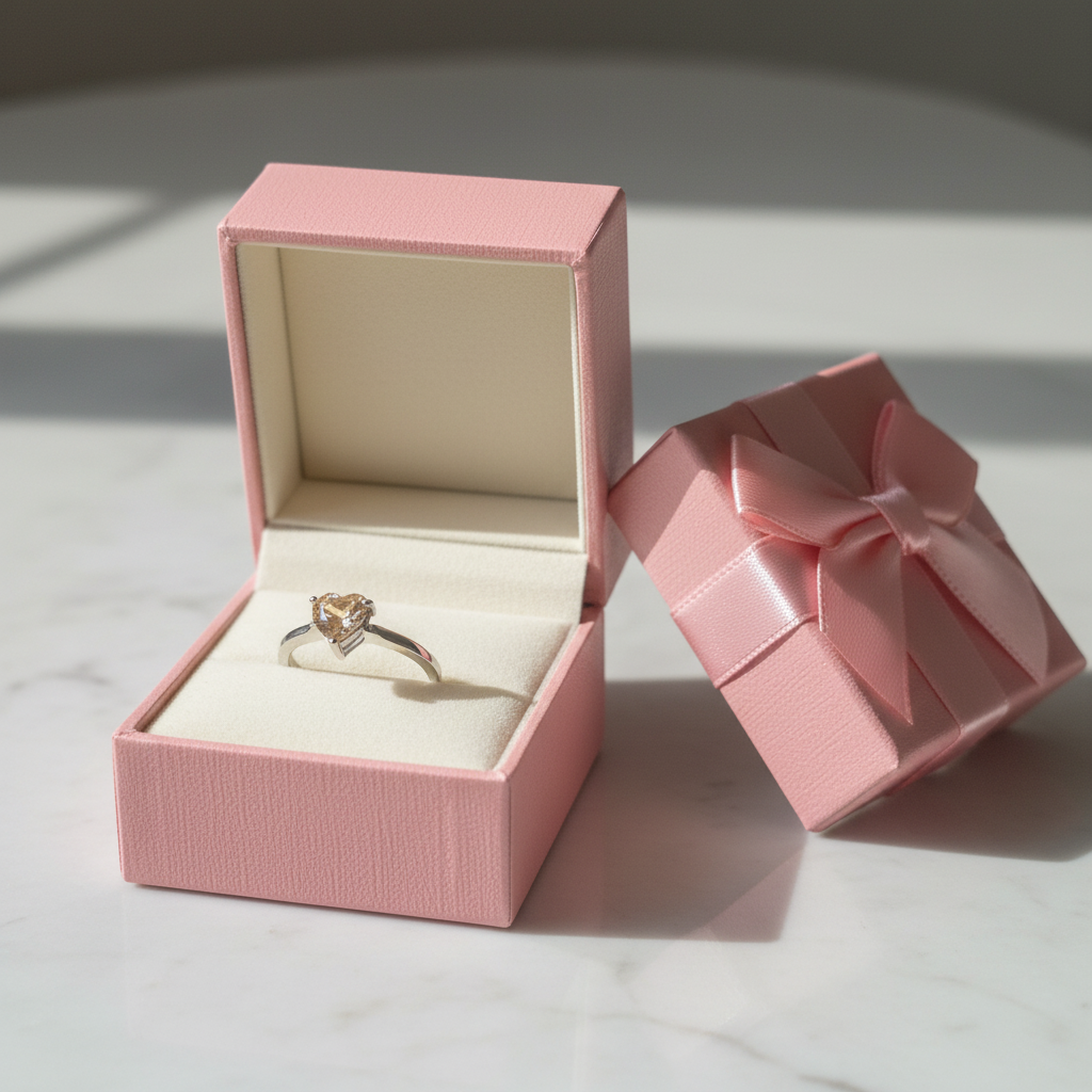 Anello Solitario Cuore Champagne nella scatolina regalo