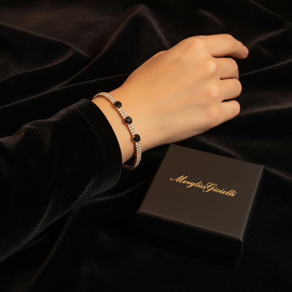 Bracciale Tennis Zirconi Neri Oro indossato - MerylissGioielli