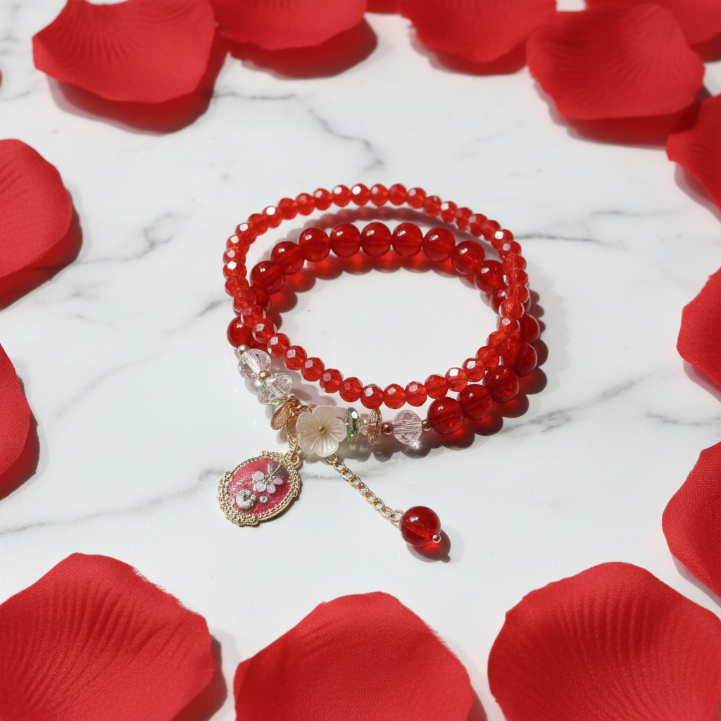 Bracciale Doppio Cristalli Rossi flat lay su marmo con petali