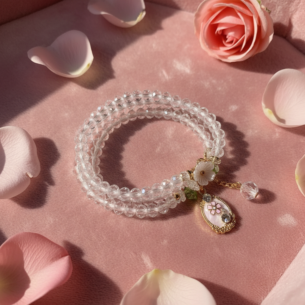 Bracciale Cristalli Bianco su velluto rosa con petali
