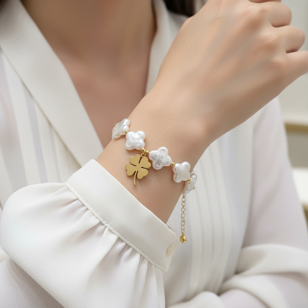 Bracciale perle quadrifoglio indossato