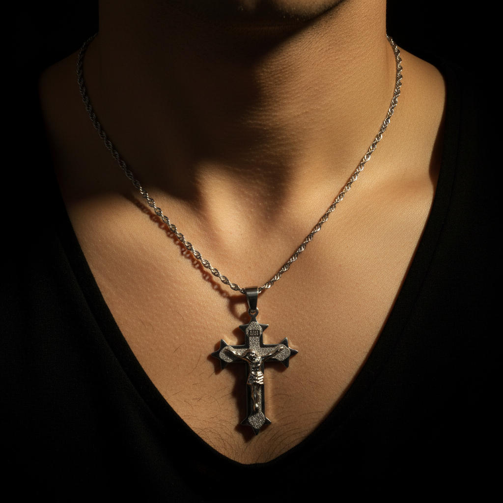 Collana crocefisso uomo argento indossata al collo