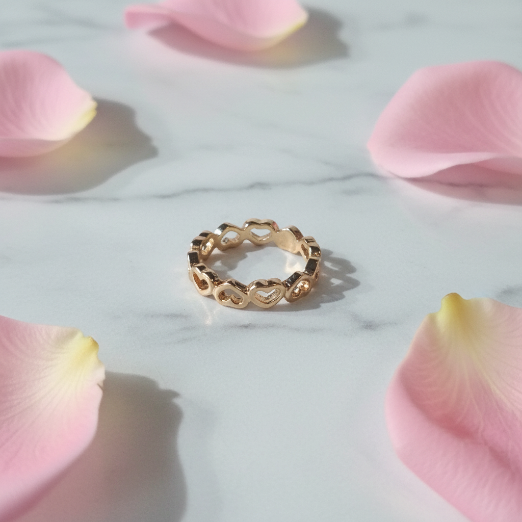 Anello Eternity Cuori Dorato su marmo con petali rosa