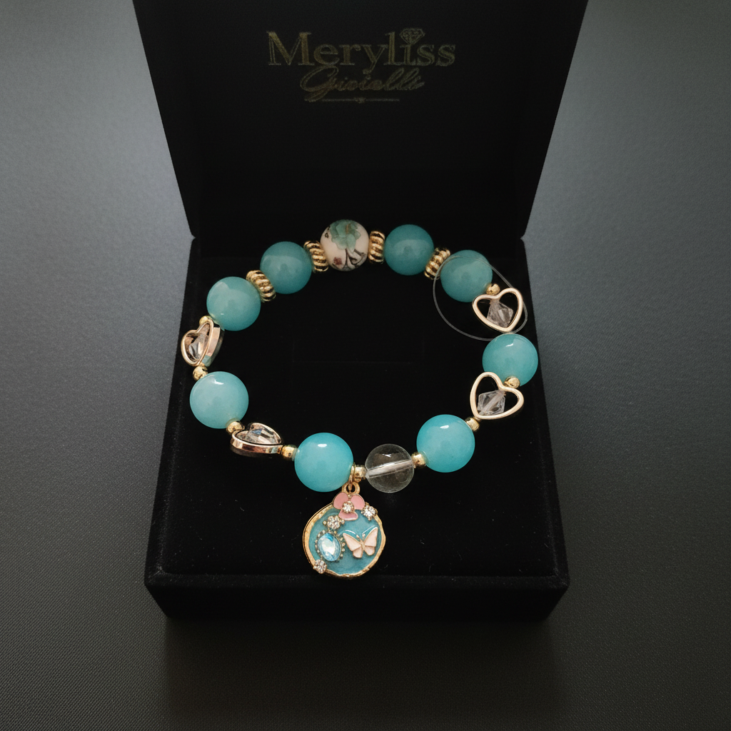 Bracciale Charm Farfalla Azzurro sulla scatolina Meryliss Gioielli