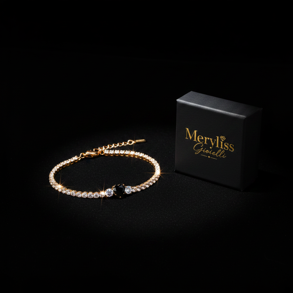 Bracciale tennis oro cuore zircone nero con scatolina Meryliss Gioielli