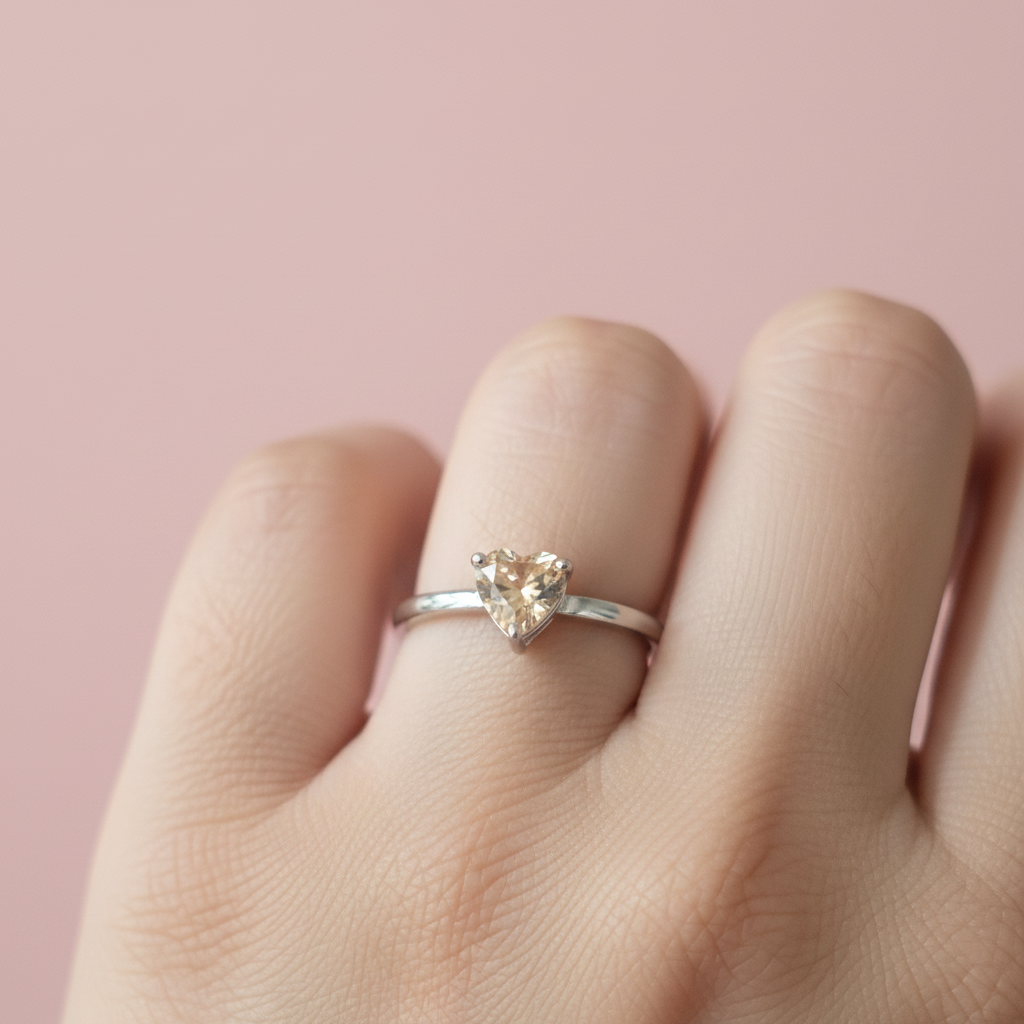 Anello Solitario Cuore Champagne indossato al dito