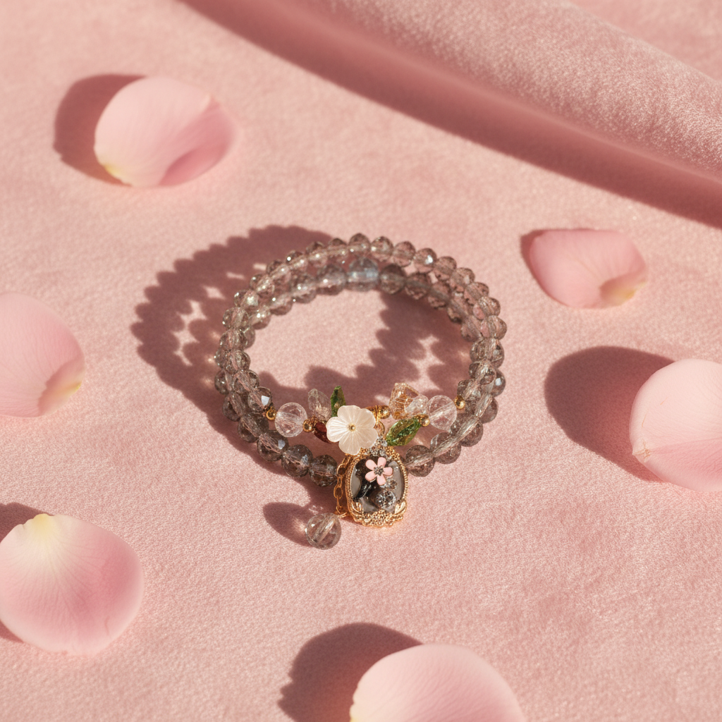 Bracciale Cristalli Grigio su velluto rosa con petali