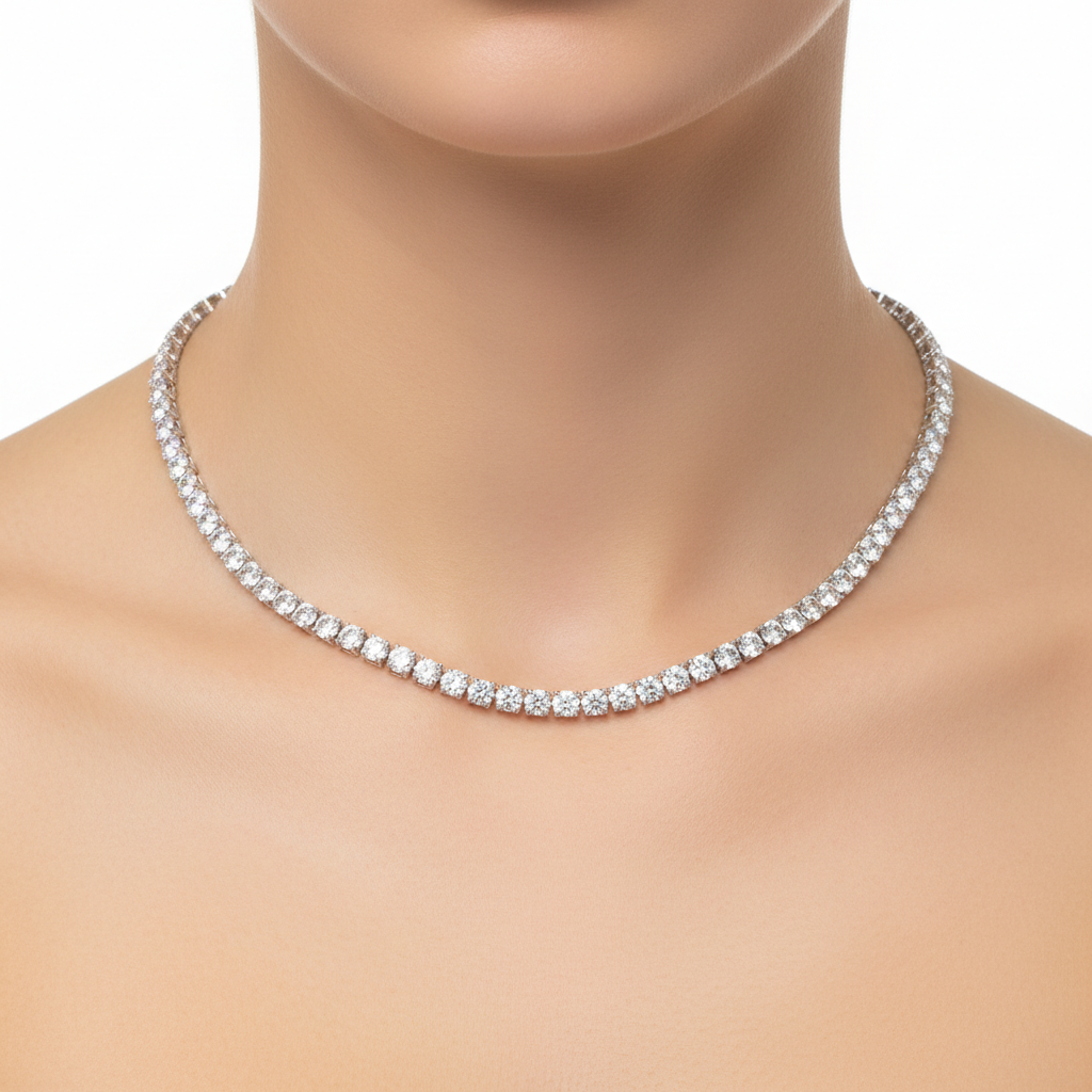 Collana Tennis Argentata Cristalli Chiari indossata