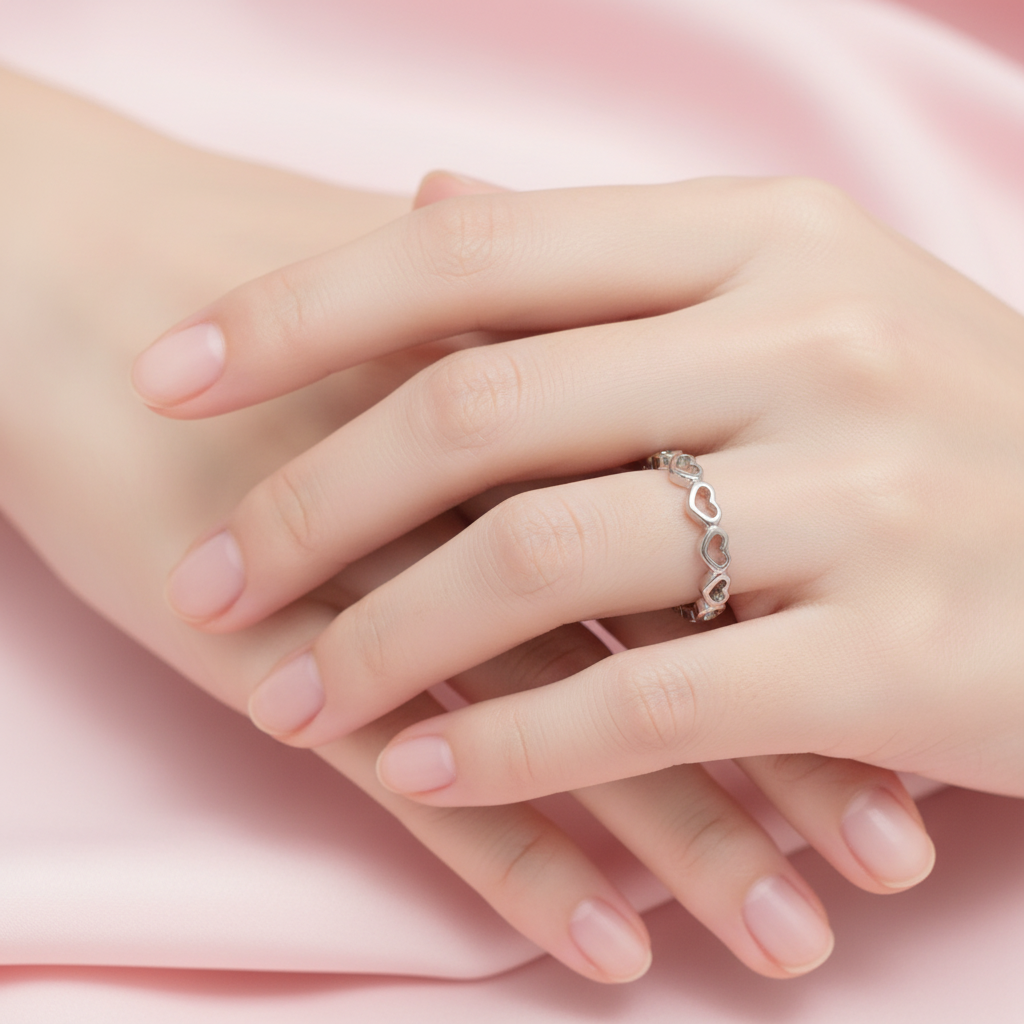 Anello Eternity Cuori Argento indossato al dito