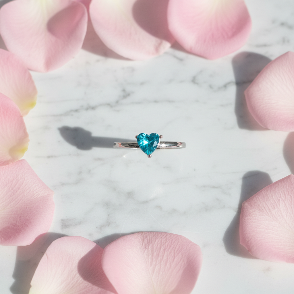 Anello Solitario Cuore Turchese su marmo con petali rosa