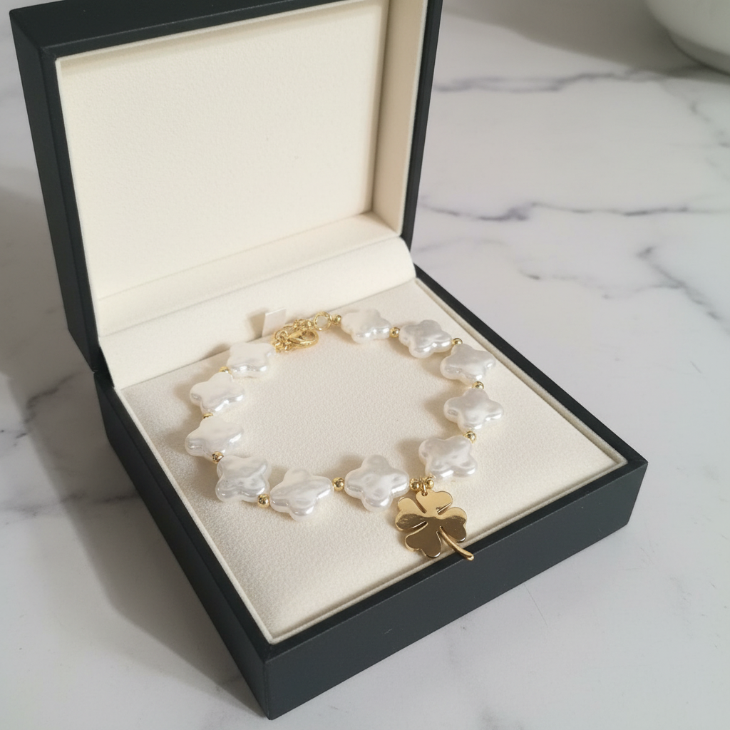Bracciale perle quadrifoglio in scatola regalo