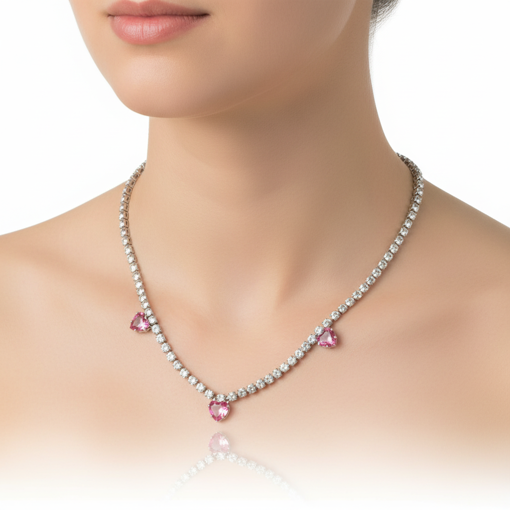 Collana Tennis Tre Cuori Rosa indossata
