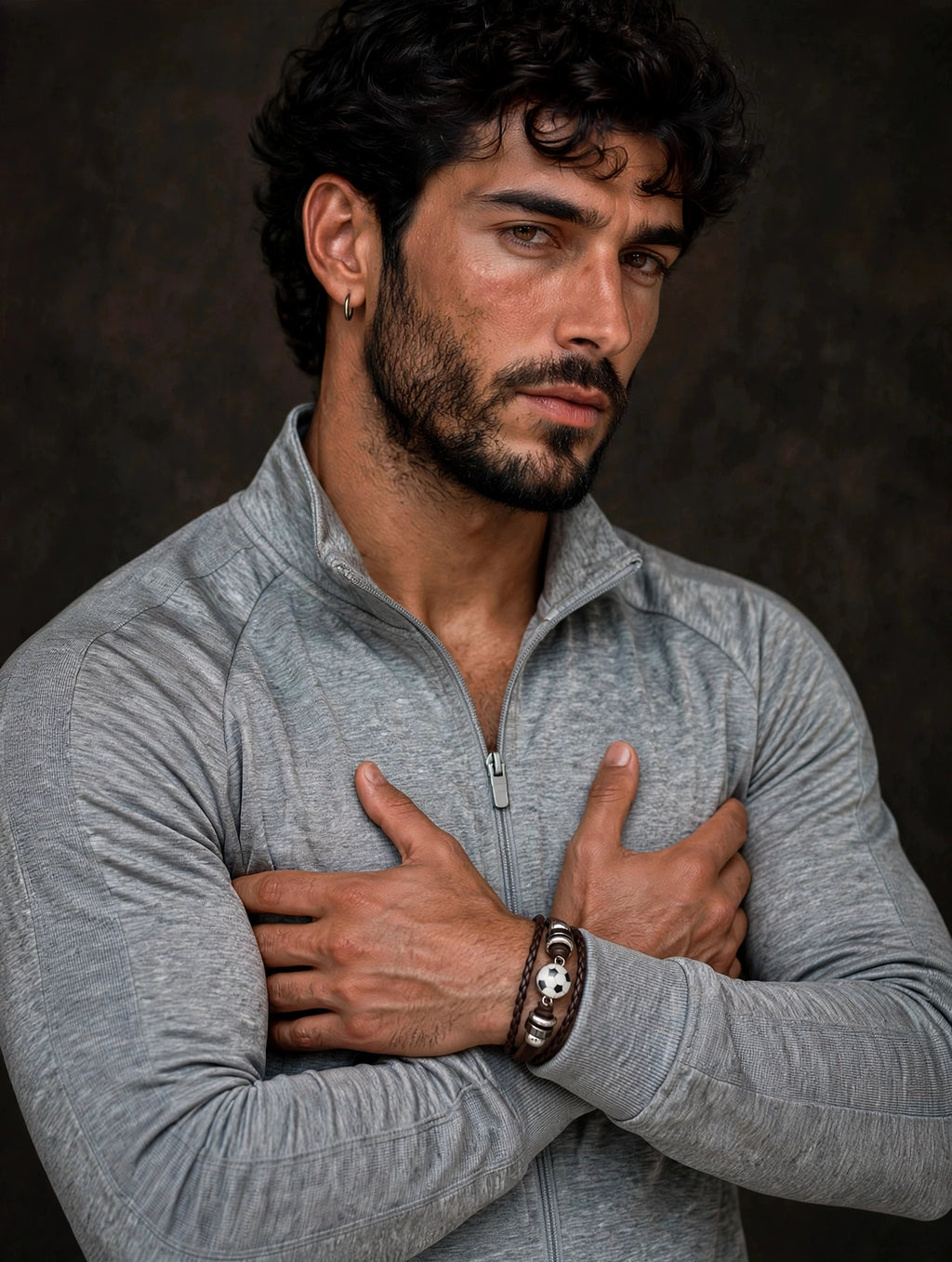 Bracciale calcio pelle intrecciata uomo con felpa grigia — Meryliss Gioielli