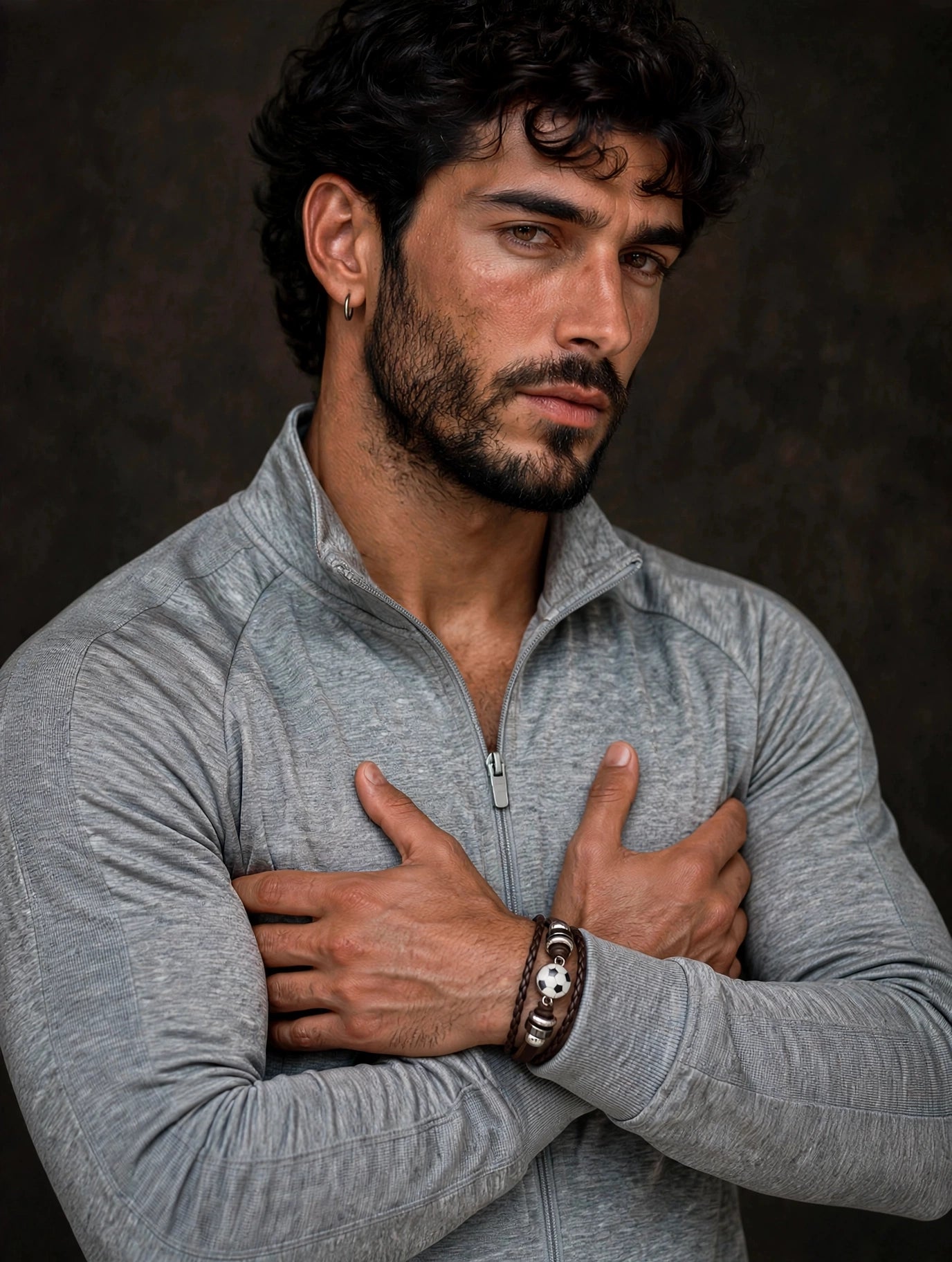 Bracciale calcio pelle intrecciata uomo con felpa grigia — Meryliss Gioielli