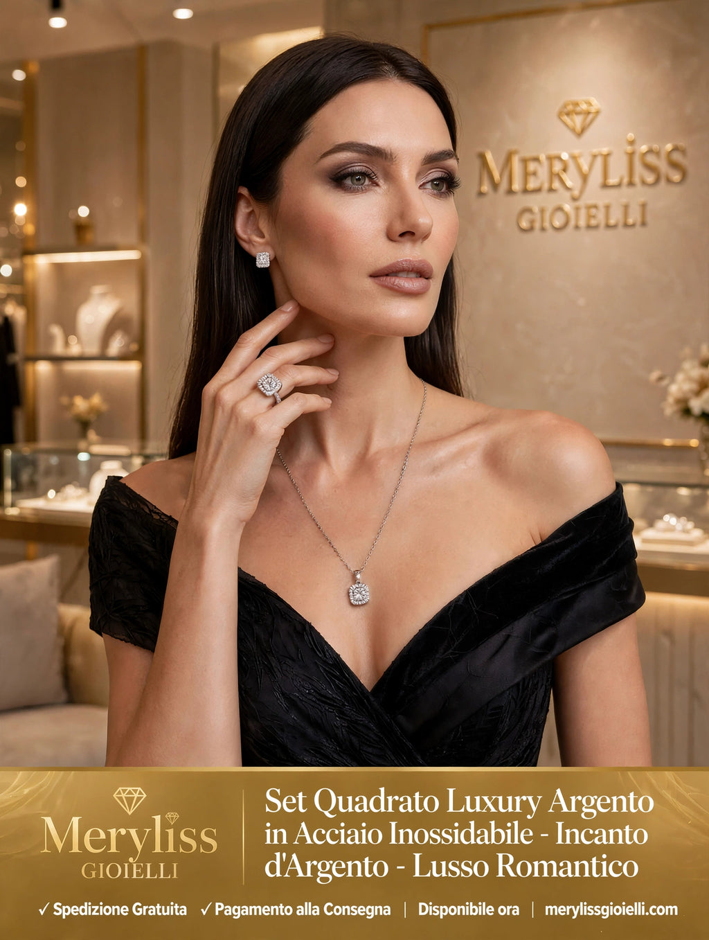 Modella con Set Quadrato Luxury Argento Meryliss Gioielli indossato