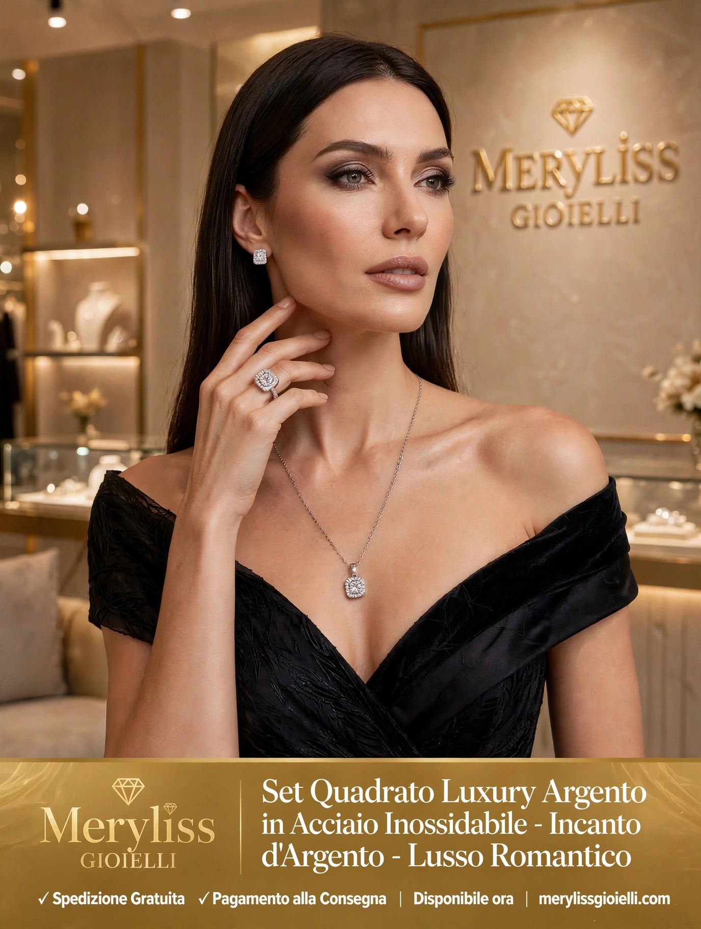 Modella con Set Quadrato Luxury Argento Meryliss Gioielli indossato