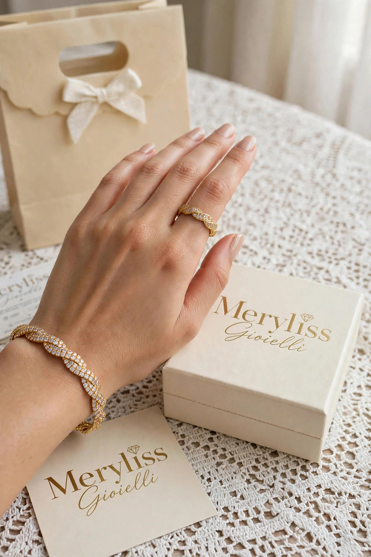 Bracciale Tennis a intreccio oro + Anello regolabile in acciaio inossidabile ipoallergenico