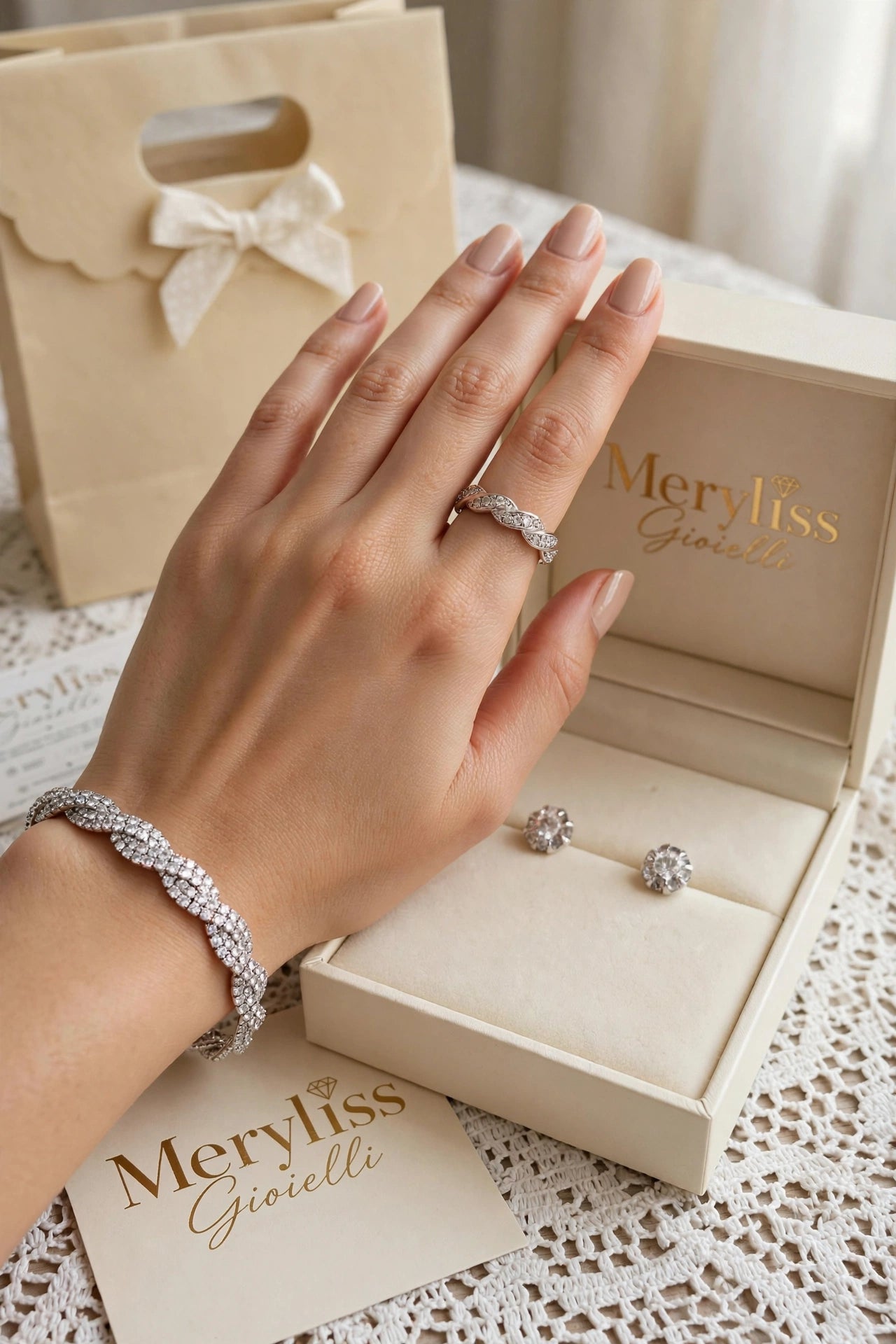 Set Bracciale Tennis a intreccio argento + Anello regolabile + Orecchini in acciaio inossidabile ipoallergenico