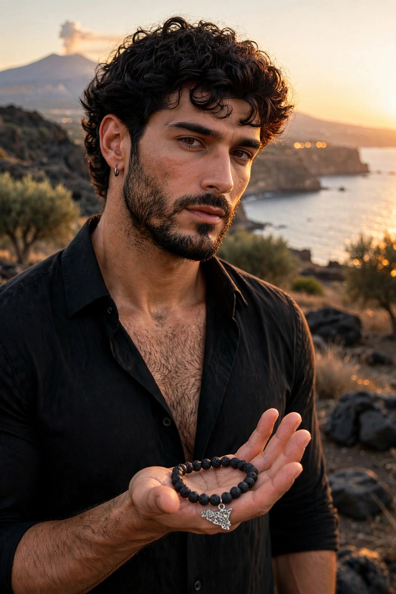 Bracciale lava Sicilia uomo con Etna sullo sfondo al tramonto — Meryliss Gioielli