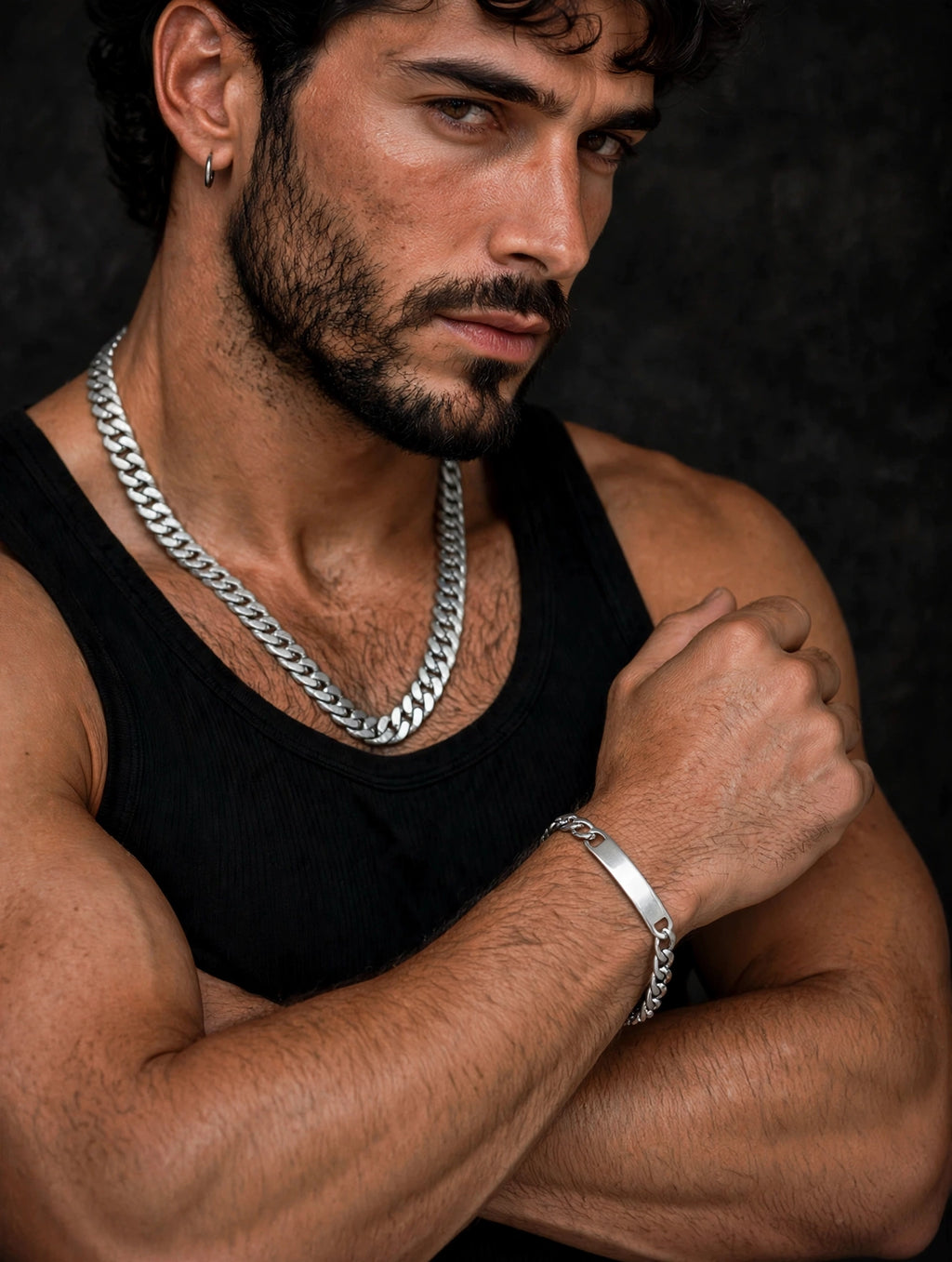 Set collana cubana e bracciale ID uomo con canotta — Meryliss Gioielli