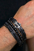Set 3 Bracciali Uomo Anchor — ancora argento, perle nere e cuoio al polso