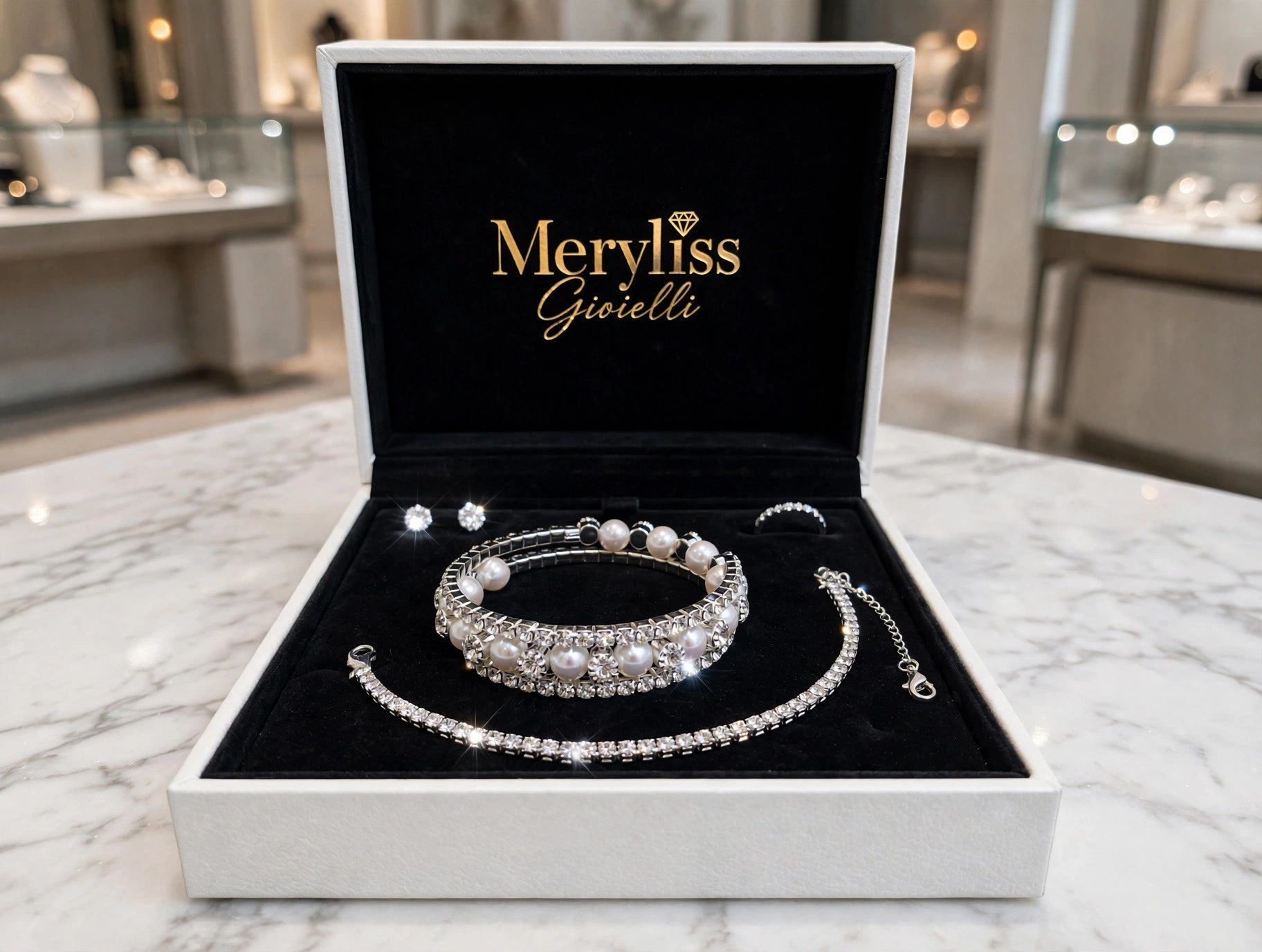 Set Perle & Cristalli — Collana, Bracciale, Orecchini e Anello