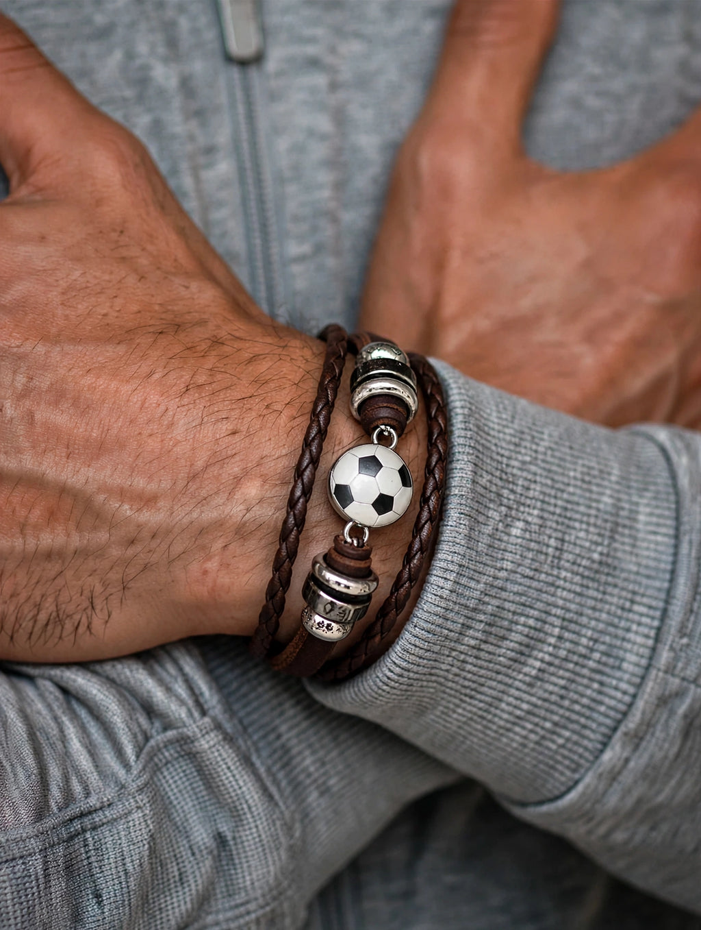 Bracciale calcio pelle intrecciata uomo polso — Meryliss Gioielli